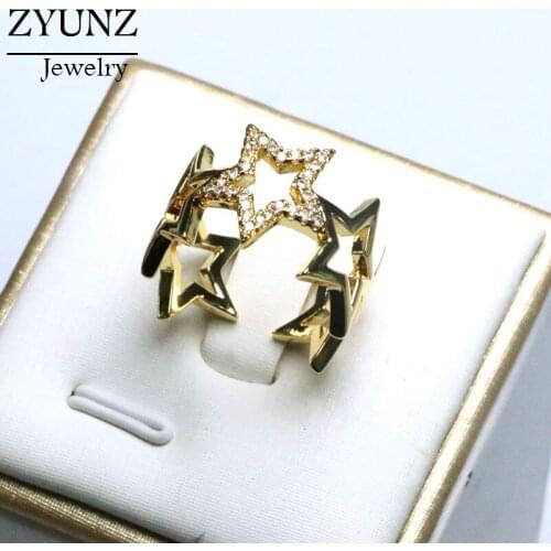5PCS, Gold Color Jewelry Fashion CZ Micro Pave Hollow Star Rings for Women Bijoux Statement Ring