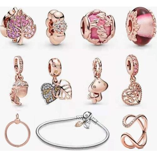 925 Sterling Silver Heart-shaped Maple Leaf Rose Gold Series Fit Original 3mm Bracelet Making Fashion DIY Jewelry For Women