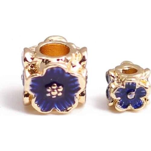 5pcs/lot Cloisonne Craft Zinc Alloy Big Hole Metal Beads 5mm 7.5mm Drop Oil Blue Flower Spacer Beads DIY Jewelry Making Bracelet