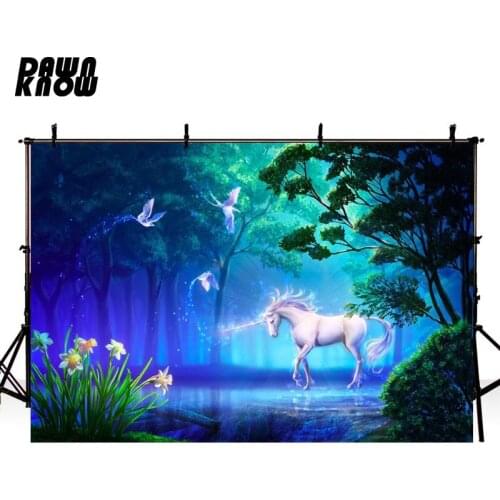 DAWNKNOW Fairy Tale Unicorn Photography Background For Children Fantasy Night Forest Customize Backdrop For Photo Booth G542