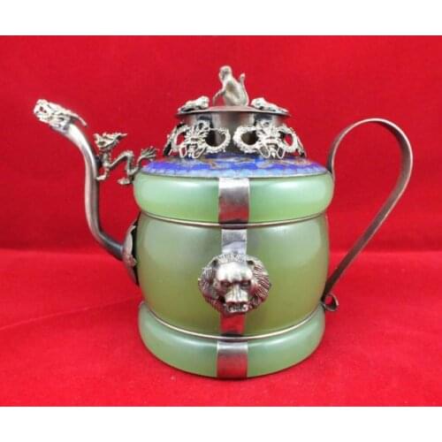 Chinese old Tibetan silver Dragon Lion Green jade Cloisonne teapot Monkey cover