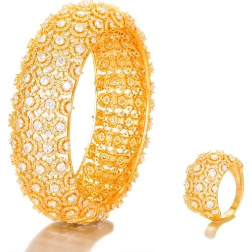 LARRAURI New 2 PCS Brand Gold Bangle Ring Fashion New Hot Full Shiny AAA Cubic Zircon Women Bridal Wedding Party Jewelry Sets
