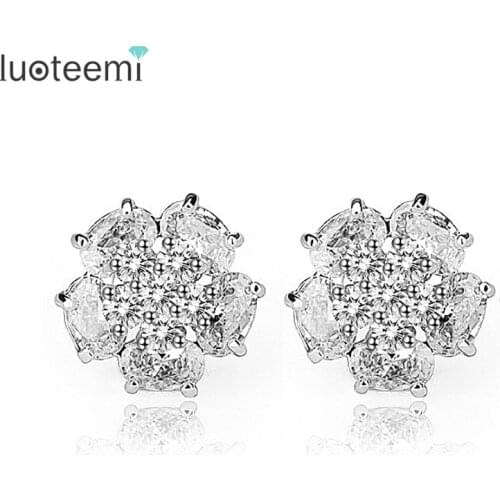 LUOTEEMI Brand Hot Sell Peony Flower Classic Fashion AAA Cubic Zircon Stone Stud Earrings for Women Party Gift Factory Wholesale