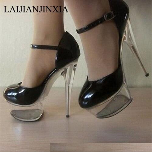 Fashion Womens Platform High Heel Ankle Strap Pumps Round Toe Sexy Dress Shoes with 15cm Heel
