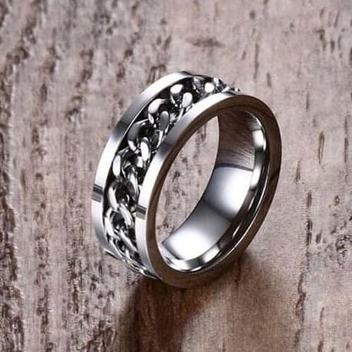 8MM Mens Anti Stress Ring Curb Chain Spinner Band in Silver Color Stainless Steel Male Jewelry Anillos alliance anel