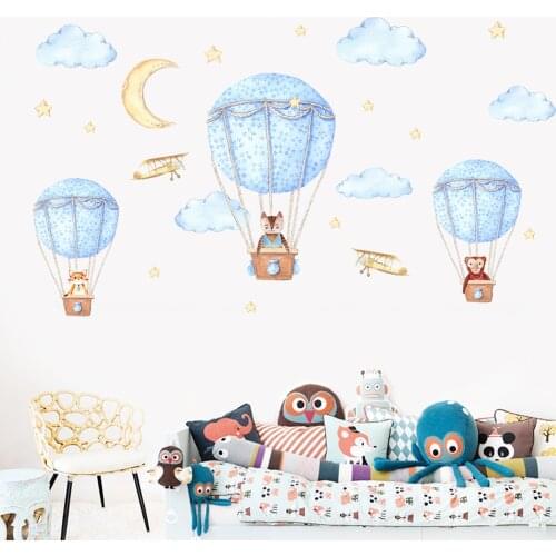 Cartoon Hot Air Balloon Wall Stickers Animals Sky Stars for Kids Room PVC Waterproof Removable Wall Decals for Living Room Mural