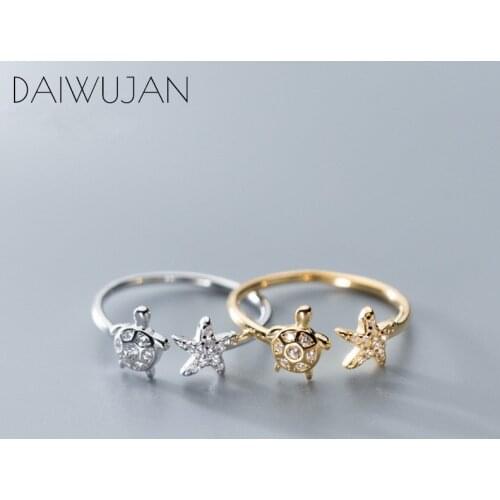 DAIWUJAN New Cute 925 Sterling Silver Luxury Turtle Starfish Open Rings For Fashion Women Girls Minimalist Zircon Accessories