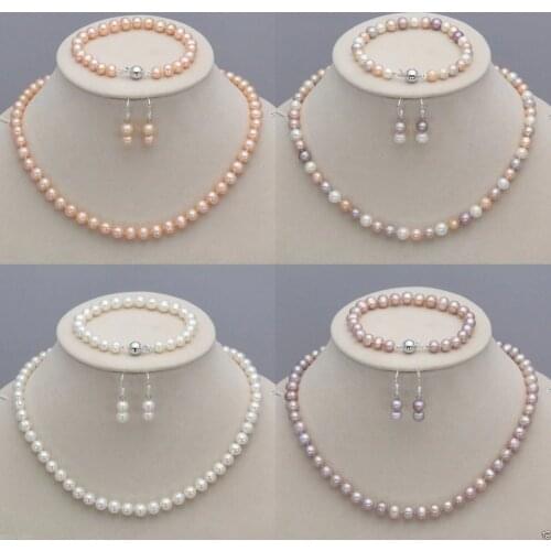 Genuine 7-8mm Natural Akoya Freshwater Pearl Necklace Bracelet Earrings set