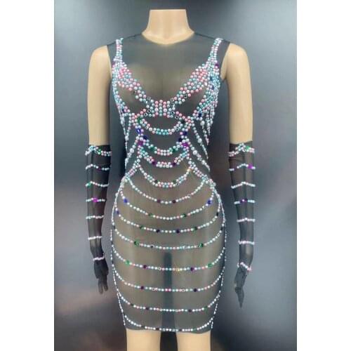 Sexy Beading Rhinestone Party See Through Dress + Gloves Women Transparent Club Prom Dress Latin Dance Short Dress Stage Wear