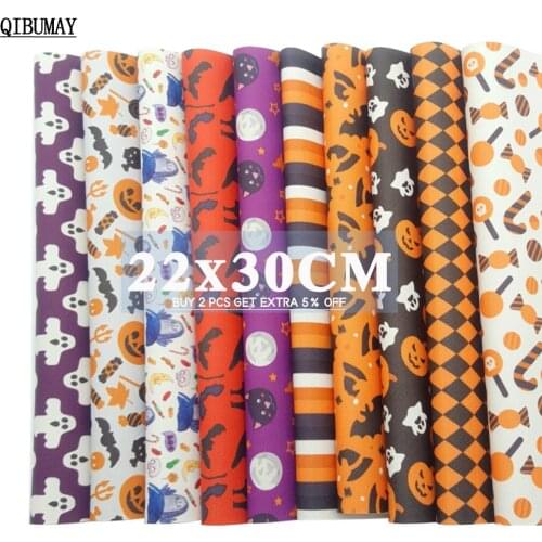 QIBUMAY 22*30cm Halloween Faux Leather Sheets Cartoon Ghost Printed Vinyl Fabric A4 DIY Hair bow Fabric Crafts Party Decoration