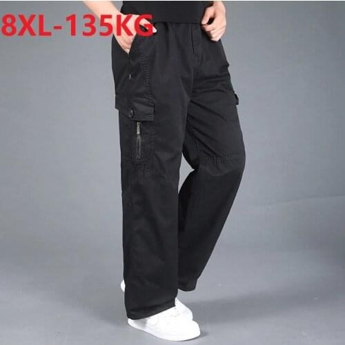 Size 8XL 135KG spring summer cargo pants Men safari style pockets zipper loose pants out door cool straight big black pants
