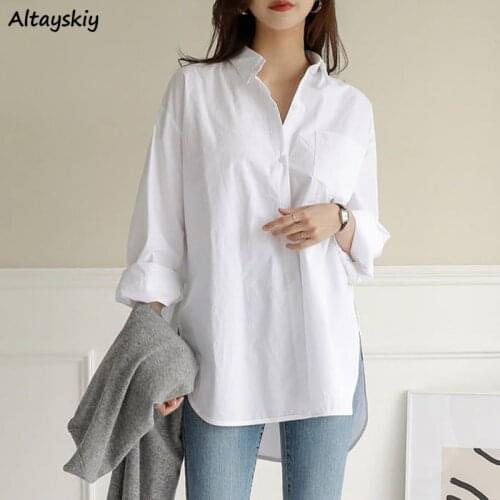 Shirts Women Loose Solid Minimalist College Split Elegant Oversize Feminine All-match Spring High Quality Comfortable Ulzzang