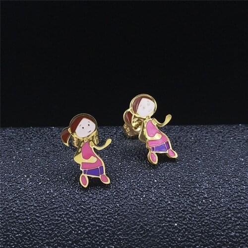 Stainless Steel Colorful Enamel Kid Girl Earrings for Women Gold Color Small Stud Earrings Jewelry pendientes acero E9518S01