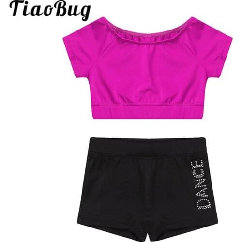 TiaoBug Kids Two-piece Crop Tops with Letters Printed Ballet Gymnastics Shorts Set Gym Workout Tankini Outfit Girls Dance Wear