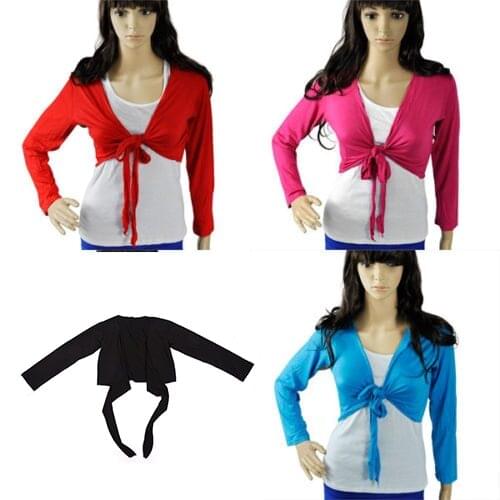 LADIES LONG SLEEVE TIE UP CROP SHRUG WOMENS WRAP BOLERO CARDIGAN TOP - black
