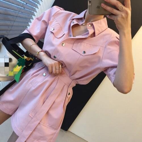 Summer Retro Rompers Puff Sleeve Single-Breasted Girls Korean Overalls For Women Turn Down Collar Tooling Jumpsuit With Belt