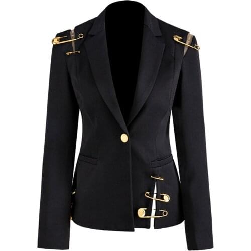 Women Blazer Jacket Pins Deco Hollow Out Slim Single Button High Street Blazer Coat 2020