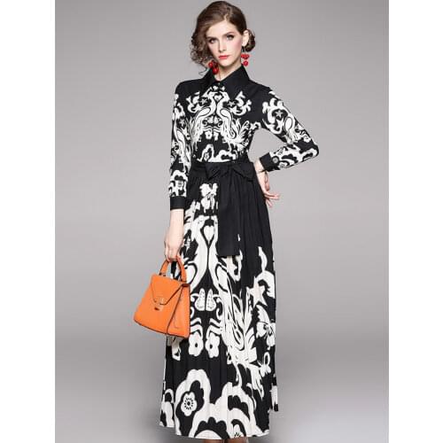 Fashion Designer Autumn Winter Maxi Dress Womens Long Sleeve Bow Tie Collar Vintage Printed Elegant Pleated Long Dress