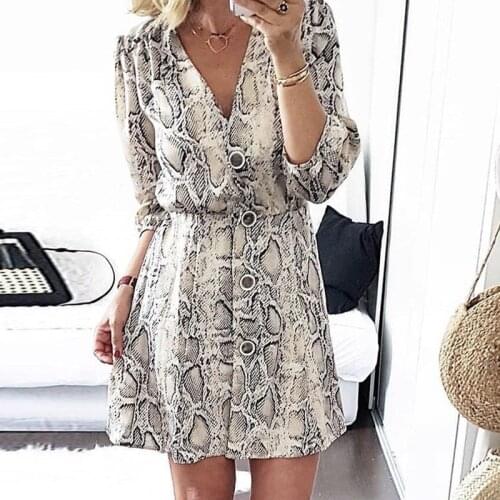 2021 Women Sexy V Neck Button Long Seleeve Serpentine Print Mini Dress Autumn Winter Casual Streetwear A-line Dresses