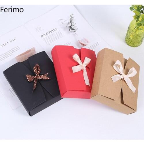10pcs 17x15x4.5cm Kraft paper box with bow wedding christmas party birthday gift packaging favor boxes