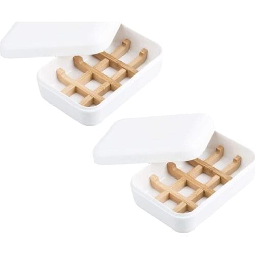 2 Pack Wooden Soap Dishes with Lid for Bathroom Bar Soap Holder Shower Soap Box Sink Deck Bathtub Shower Tray (White)