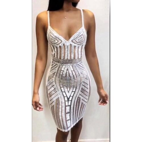 2019 Women Evening White Sequins Beading Mesh Lace Patchwork Spaghetti Strap Sexy V Neck Bodycon Party Dresses