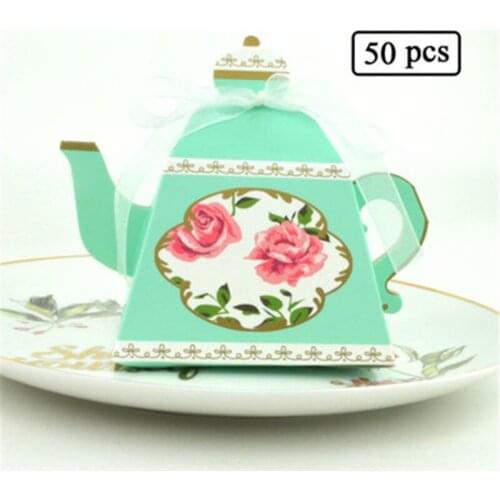 50pcs Paper Teapot Candy Boxes for Wedding Birthday Home Party Supplier Pastry Chocolate Boxes with Ribbon