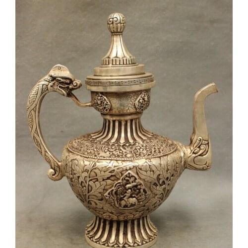 Fast shipping USPS to USA S1506 13" Marked Chinese Silver Buddhism Dragon Head Buddha Statue Teapot Wine Pot