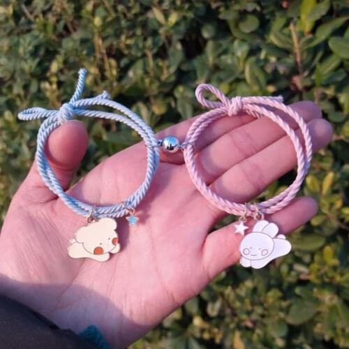 ISINYEE 2pcs\Set 2021 Cute Cartoon Magnet Couple Bracelets For Women Elastic Rope Friendship Jewelry Gift Accessories