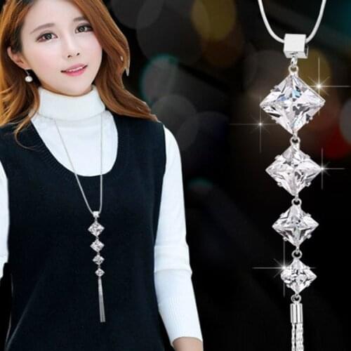 JZTOP Exquisite Square Crystal Necklace Tassel Pendant Long Sweater Chain For Woman Fashion Colar Jewelry Gift
