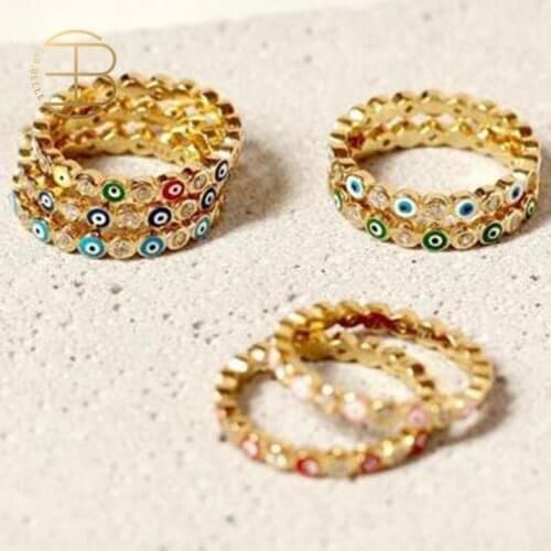 2020 New Bohemian Rainbow Evil Eye Rhinestone Filled Gold Rings For Women Vintage Ladies Midi Kunle Finger Ring Gold Ring Sets