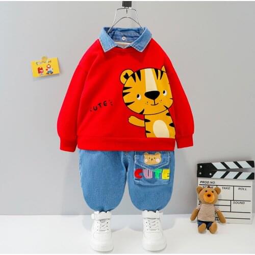Baby Clothes Suit Infants Cute Animal Print Cotton Sweater + Denim Trousers 2Pcs Toddler Girls Set Baby Boy Clothes Kids Outfits