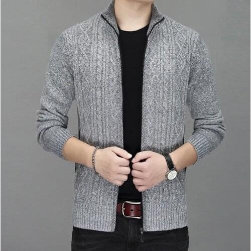 Mens sweater jacket autumn winter thick fleece wool sweater solid color slim cardigan casual warm brand jacket