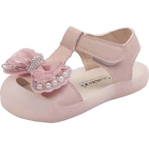 2021 Summer New Girls Sandals Baby Fashion Pearl Princess Shoes Soft Sole Toes-capped Baby Childrens Shoes Bow-knot Sweet Hot