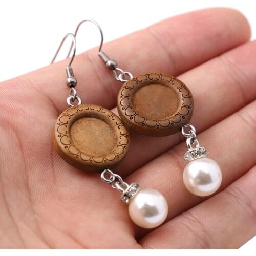 Onwear 5pairs 12mm wooden cabochon earring base blanks diy pearl charm stainless steel hooks findings for earrings making