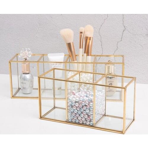 OrganizadoresGoldGlass Makeup Brush Storage Box Pen Pencil Pot Holder Cosmetic Container Desk Organizer Stand Accessory3/4 Grids