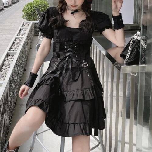 Summer Womens Gothic Lolita Dress Goth Punk Gothic Girl Harajuku Mall Goth Style Bandage Emo Clothes Mini Dress Spring 2021