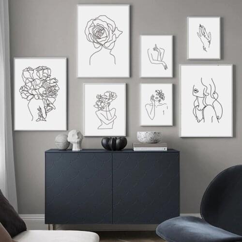 Simple Art Canvas Painting Personality Black and White Figure Line Style Picture for Living Room Bedroom Background Wall Decor