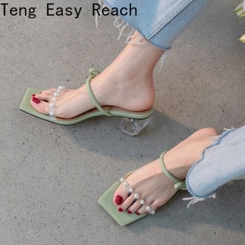 Transparent High Heels Women Square Toe Sandals Summer Shoes Woman Clear High Pumps Wedding Jelly Real Leather Heels Slippers