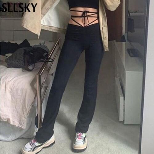 SLLSKY High Waist Hin Thin Bandage Straight Pants Female High Quality Activity Trousers Hipop Street Leisure Party Pants