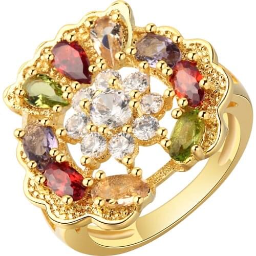 UFOORO Trendy Engagement Rings for Women Wedding Multi Color Crystal Zircon Vitality Gold Filled Fashion luxury Noble Jewelry