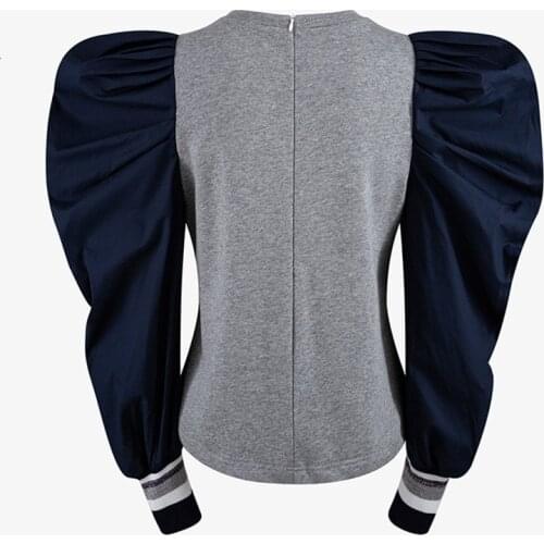 2020 Spring Autumn Casual Chic Puffy Sleeve Loose Hoodies Shirt Womens Classic Patchwork Hoodies Top