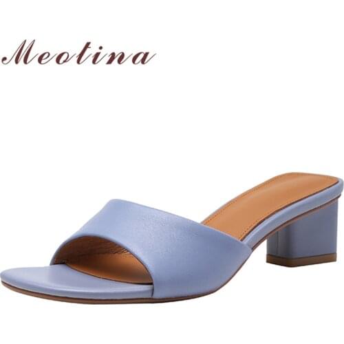 Meotina Genuine Leather Women Shoes SheepSkin Square Toe Thick Heels Ladies Slides Summer Slippers Ladies Footwear Orange 40