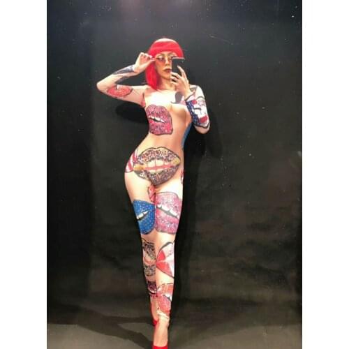 Women New Angel Kiss 3D Printing Naked Sexy Jumpsuit Nightclub Party Bodysuit Stage Wear Dancer Singer Performance Clothing