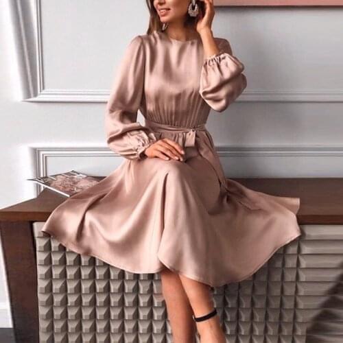 2021 New Autumn New Style O Neck Fashion Graduation Dresses Women Collect Waist Long Sleeved Slim Solid Satin Mid-Length Vestido