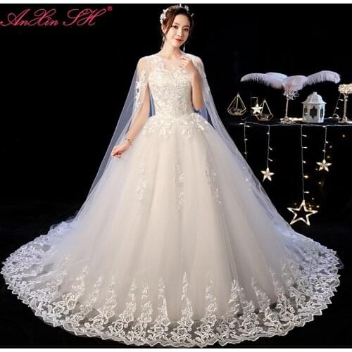 AnXin SH princess flower lace white wedding dress vintage o neck illusion with lace shawl court train turkey bride wedding dress