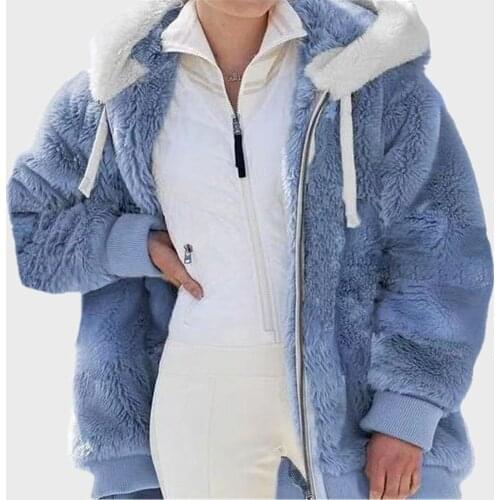 Women Winter 5XL Coat Thick Warm Teddy Coat Turn Collar Long Sleeve Fluffy Fake Fur Jackets With Hooded Female Overcoat