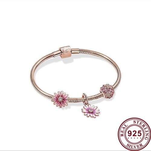 2020 New 925 Sterling Silver Rose Gold Brilliant Daisy Beaded Pan Bracelet Set For Women Wedding Party Gift Fashion Jewelry