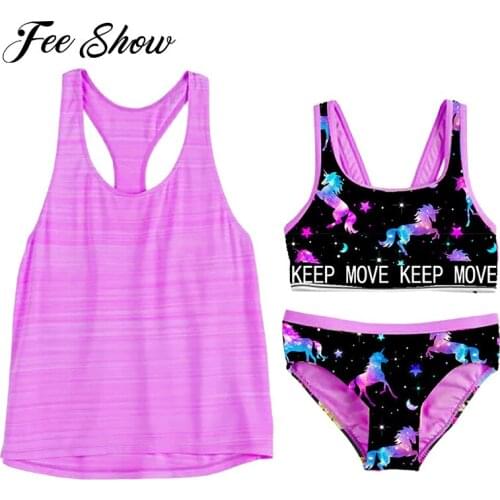 3Pcs Kids Girls Swimming Suit Swimsuit Sleeveless Racer Back Vest and Cropped Top Briefs Set Beach Bikini Swimwear Bathing Suits