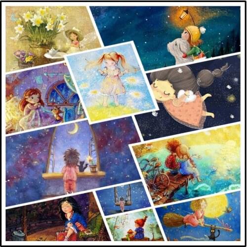Diy Diamond Painting a Little Girl Riding On a Broom a Cute Little Girl At The Window Admiring The Night View Cartoon Poster